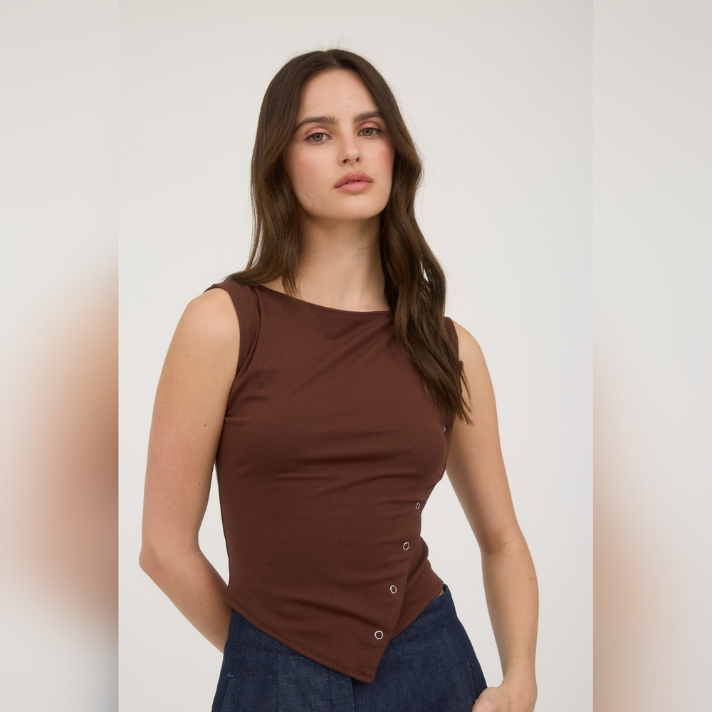 🛑Deal Of The Day Brown Sleeveless Asymmetrical Snap Button-Detail Women's Top